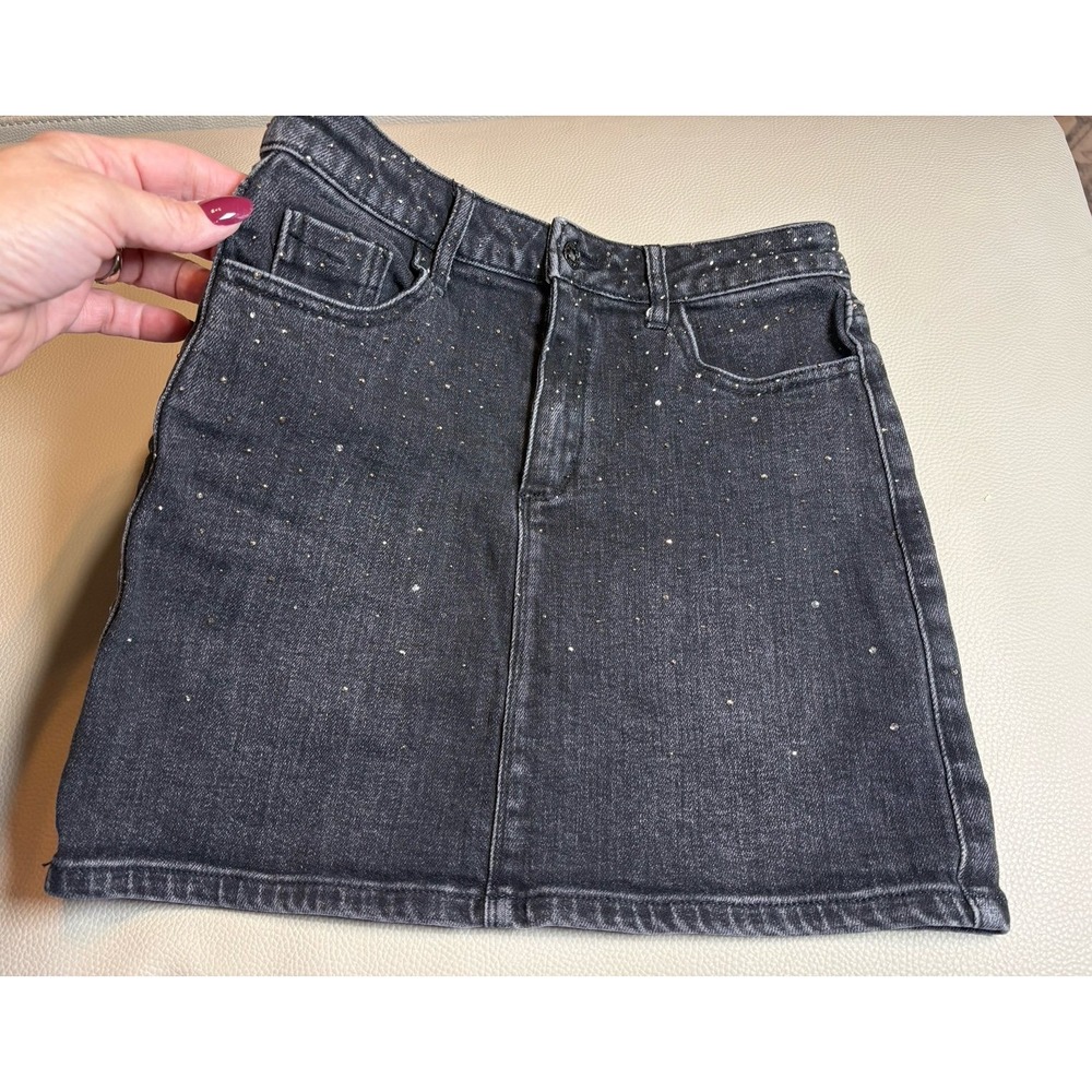 Youth girls 14 Tractr Black Denim Mini Skirt with Rhinestone Embellishments EUC